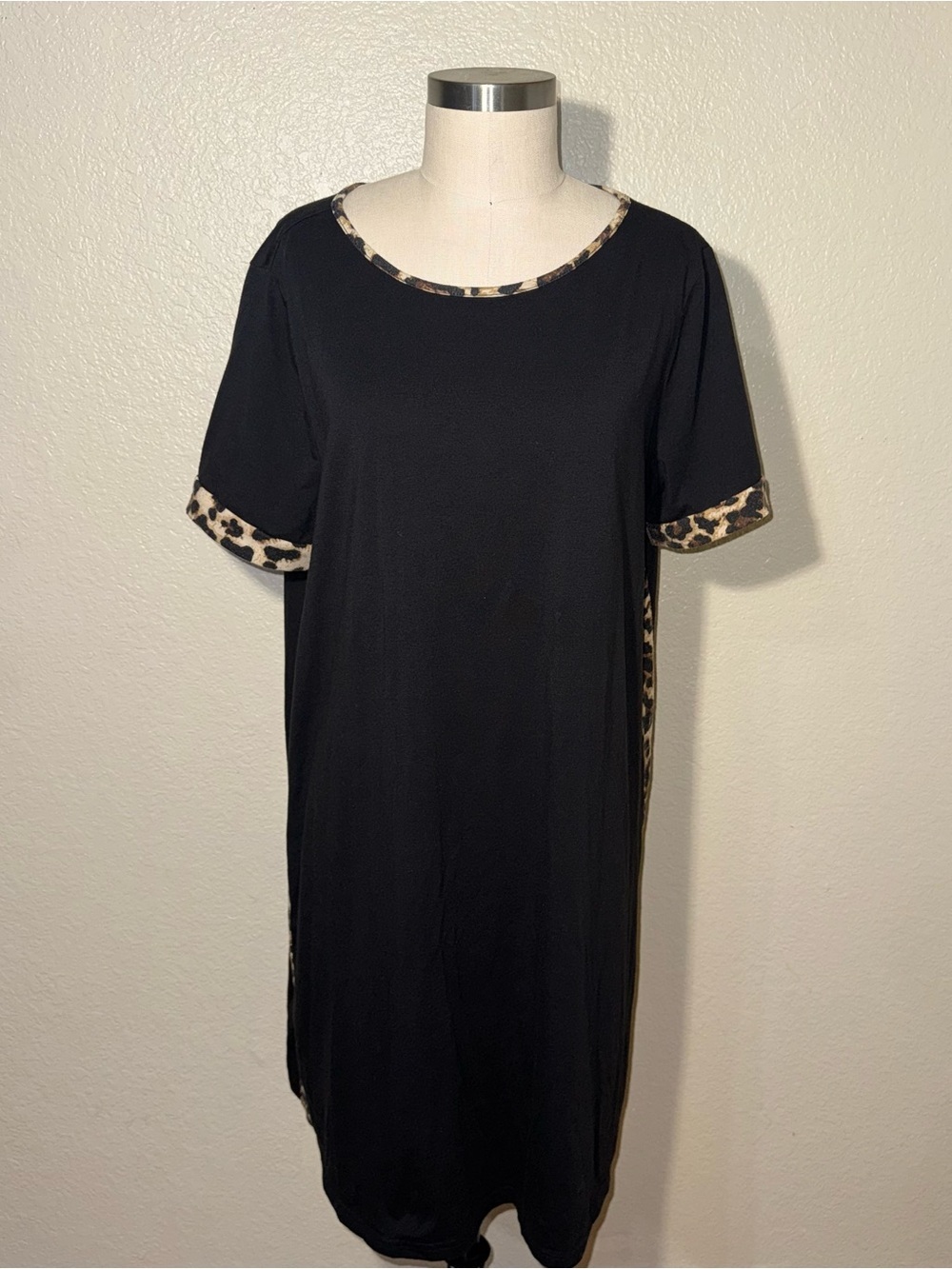 Black Leopard Trim T-Shirt Dress XXL Casual Midi Animal Print Soft Stretch